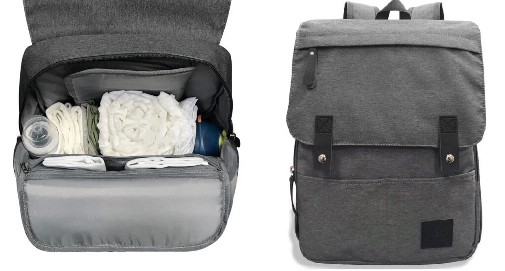 Imagem mostrando os compartimentos do produto ao lado da mochila fecha. Modelo Kaka Laço Bebê